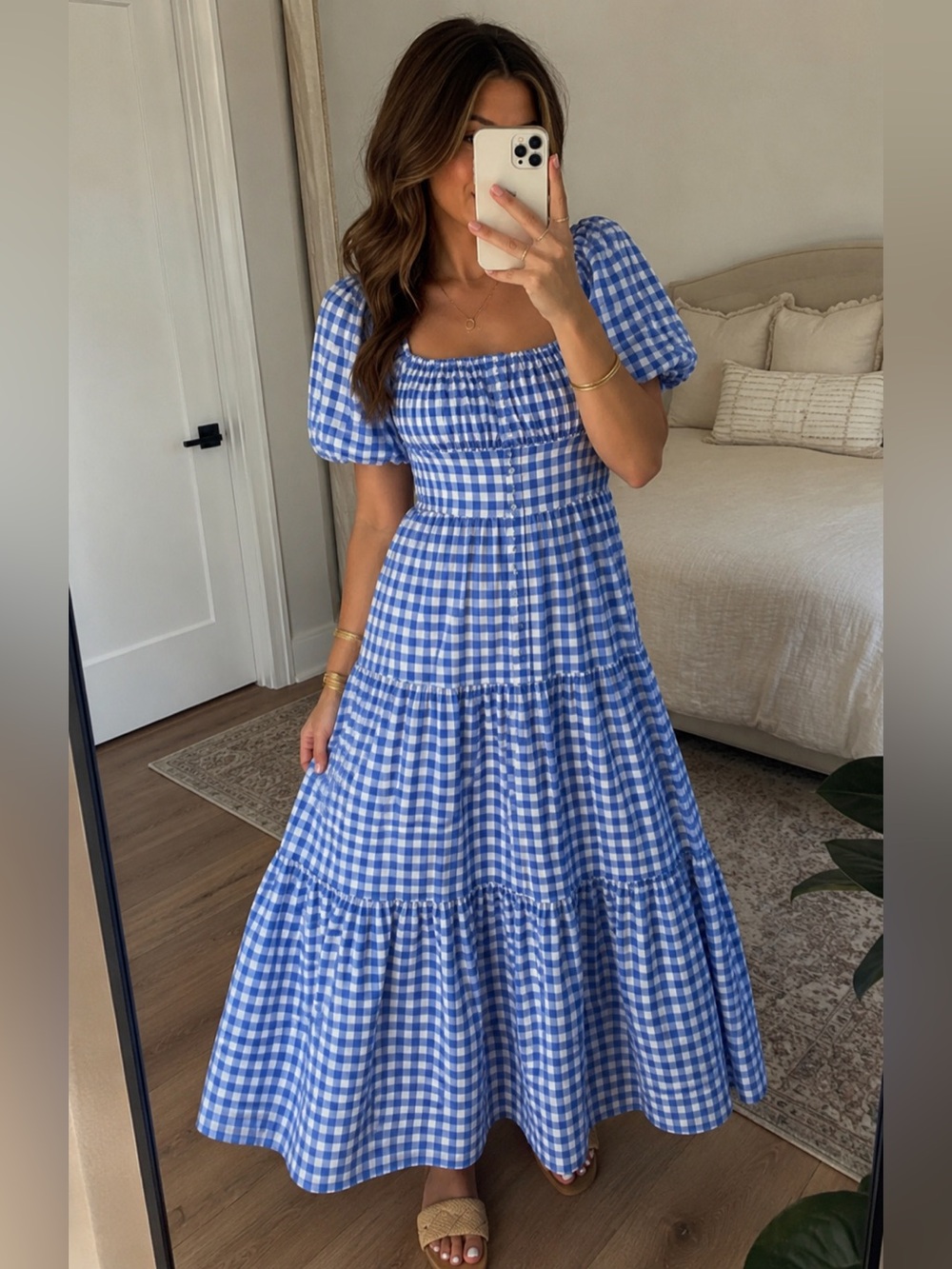 Hyacinth House Harper Blue Gingham Puff Sleeve Maxi Dress Size XL